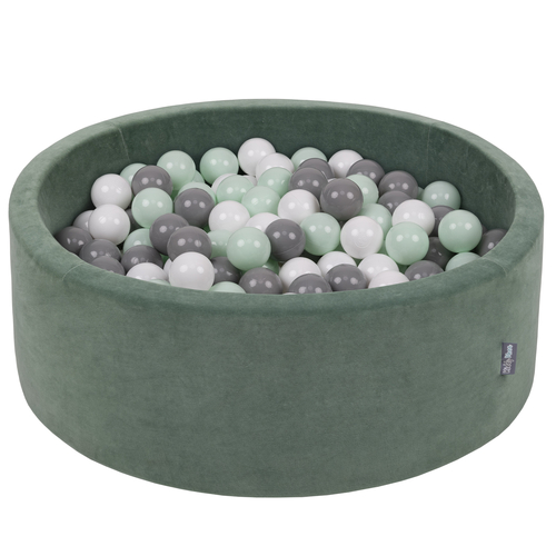 KiddyMoon Velours Piscine à Balles ∅7Cm pour Bébé Rond Fabriqué en EU, vert forêt: blanc/gris/menthe, 90x30cm/300 Balles