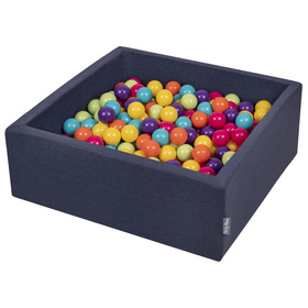KiddyMoon Piscine à Balles ∅ 7Cm pour Bébé Carré Fabriqué En UE, bleu foncé:v clair/jaune/turq/orange/rose/violet, 90x30cm/200 balles