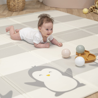 KiddyMoon Tapis de Jeu pour Enfant Bébé Tapis Mousse Tapis de Sol Tapis d'éveilBebe Reversible Stimulation De L'Imagination Pliable Pour L'Intérieur Et L'Extérieur, blanc-pingouin, 180x200x1cm