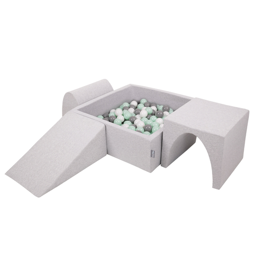 KiddyMoon Aire De Jeux en Mousse avec Carré Piscine À Balles pour Enfants, gris clair: blanc/gris/menthe, Piscine (200 Balles) + Version 2