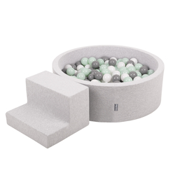 KiddyMoon Aire De Jeux en Mousse avec Rond Piscine à Balles pour Enfants, gris clair: blanc/gris/menthe, Piscine (200 Balles)+ Marches