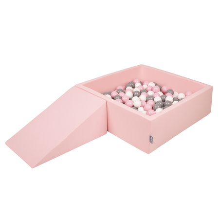 KiddyMoon Aire De Jeux en Mousse avec Carré Piscine À Balles pour Enfants, rose:blanc/gris/rose poudré, Piscine (100 Balles)+ Pente