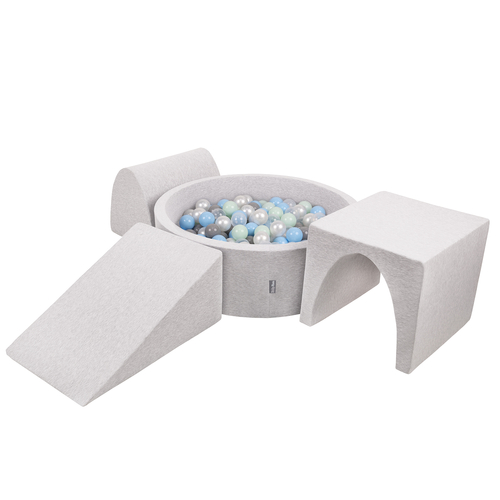 KiddyMoon Aire De Jeux en Mousse avec Rond Piscine à Balles pour Enfants, gris clair: perle/gris/transparent/babyblue/menthe, Piscine (300 Balles) + Version 2