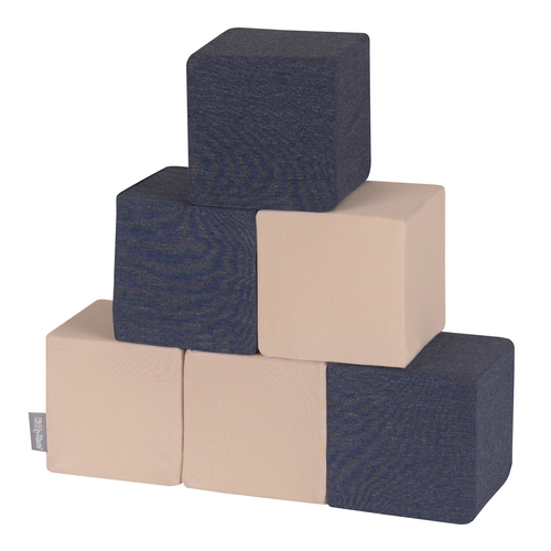 KiddyMoon blocs mous pour bébé cubes de construction en mousse, cubes: bleu foncé/beige, 6 Pieces