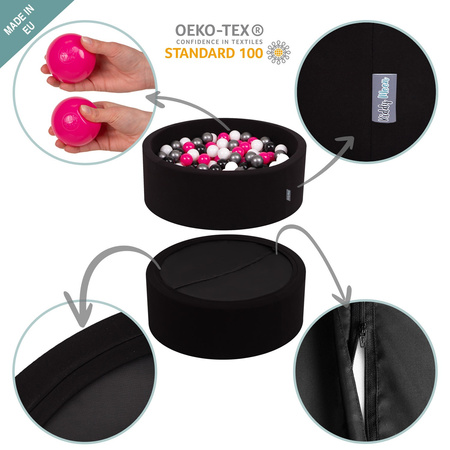 KiddyMoon Piscine à Balles ∅ 7Cm pour Bébé Rond Fabriqué En UE, noir: blanc/noir/argenté/rose foncé, 90x30cm/200 balles