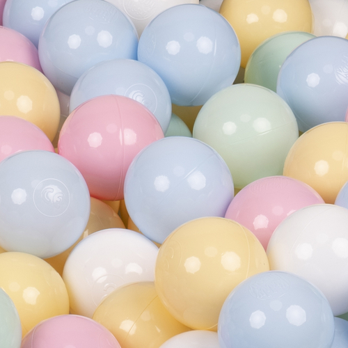 KiddyMoon piscine à balles ronde en mousse pour bébé et enfant, bassin sensoriel intérieur, housse lavable, inclus balles sécurisées, Béruée: bleu pastel/jaune pastel/blanc/menthe/rose poudre, 90x30cm/300 balles