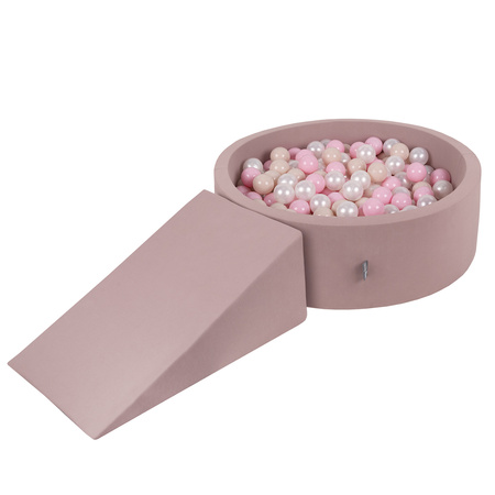 KiddyMoon Aire De Jeux en Mousse avec Rond Piscine à Balles pour Enfants, bruyère: beige pastel/rose poudré/perle, Piscine (100 Balles)+ Pente