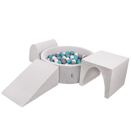 KiddyMoon Aire De Jeux en Mousse avec Rond Piscine à Balles pour Enfants, gris clair: gris/blanc/turquoise, Piscine (300 Balles) + Version 2