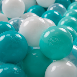 KiddyMoon Balles Colorées Plastique ∅7cm pour Piscine Enfant Bébé Fabriqué en EU, turquoise clair/blanc/transparent/turquoise, 100 Balles/7cm