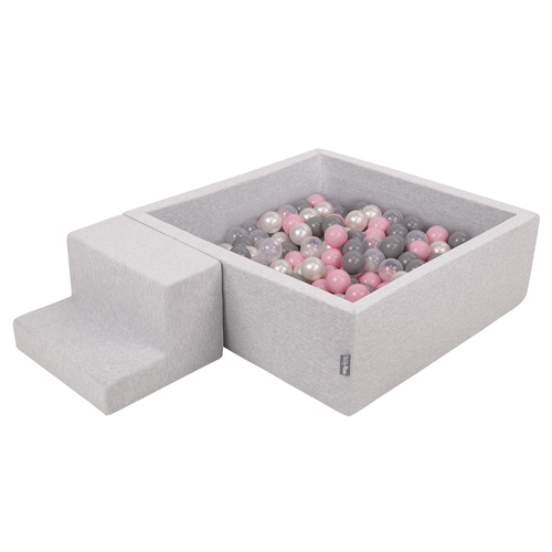 KiddyMoon Aire De Jeux en Mousse avec Carré Piscine À Balles pour Enfants, gris clair: perle/gris/transparent/rose poudré, Piscine (200 Balles)+ Marches