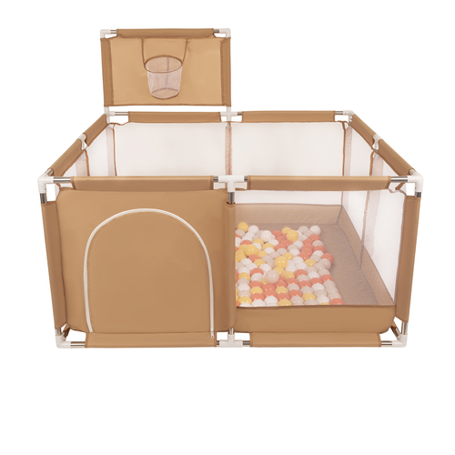 parc bébé avec balles plastiques aire de jeu pliable basket, beige : jaune/orange/beige pastel/blanc, 200 balles