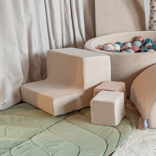 KiddyMoon Aire Velvet De Jeux en Mousse avec Rond Piscine à Balles pour Enfants, beige sableux: turquoise foncé/beige pastel/vert-gris/saumon, Piscine (100 Balles) + Marches