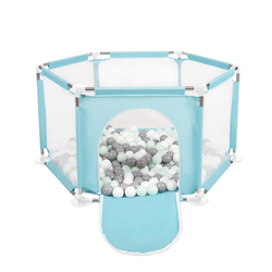 parc bébé hexagonal pliable avec balles plastiques, Mentha:blanc/gris/mentha, 100 balles
