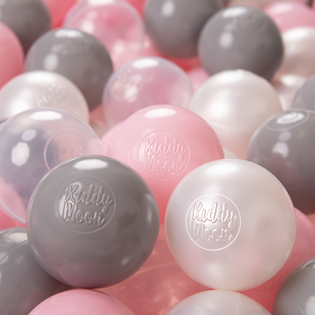 KiddyMoon Balles pour Piscine Colorées ∅6cm Plastique Enfant Bébé Fabriqué en EU, perle/gris/transparent/rose poudré, 200 Balles/6cm
