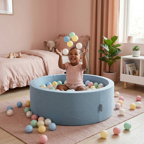 KiddyMoon Piscine À Balles ∅ 7Cm pour Bébé Rond Fabriqué en UE, bleu: bleu pastel/jaune pastel/gris, 90x30cm/200 Balles