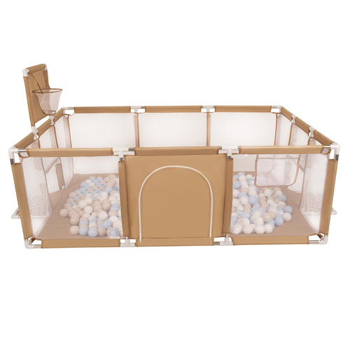 Parc Bébé avec Balles Plastiques Aire De Jeu Pliable Basket Football, beige : beige pastel/bleu pastel/blanc, 100 balles