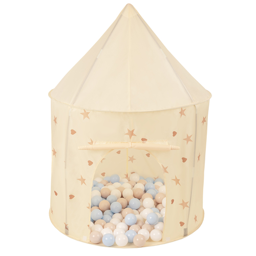 Tente de Jeu Pour Enfants Château Maison de Jeu En Forme De Pavillon De Jeu Avec Balles Pliable Tente Pop-Up Enfant Motifs D'Étoiles Et De Cœurs, beige clair: beige pastel/bleu pastel/blanc, 200 balles
