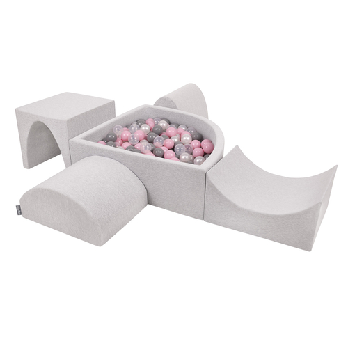 KiddyMoon Aire De Jeux en Mousse avec Quart Angulaire Piscine À Balles pour Bébé, gris clair: perle/gris/transparent/rose poudré, Piscine (300 Balles) + Version 1