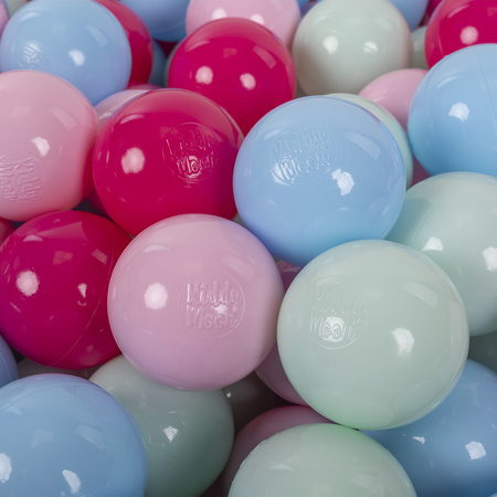 KiddyMoon Balles Colorées Plastique ∅7cm pour Piscine Enfant Bébé Fabriqué en EU, rose poudré/rose foncé/babyblue/menthe, 100 Balles/7cm