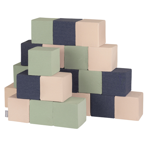 KiddyMoon blocs mous pour bébé cubes de construction en mousse, cubes: bleu foncé/beige/sage, 24 Pieces