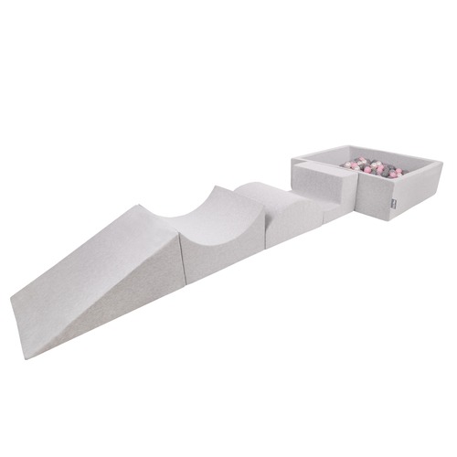 KiddyMoon Aire De Jeux en Mousse avec Carré Piscine À Balles pour Enfants, gris clair: perle/gris/transparent/rose poudré, Piscine (200 Balles) + Version 5