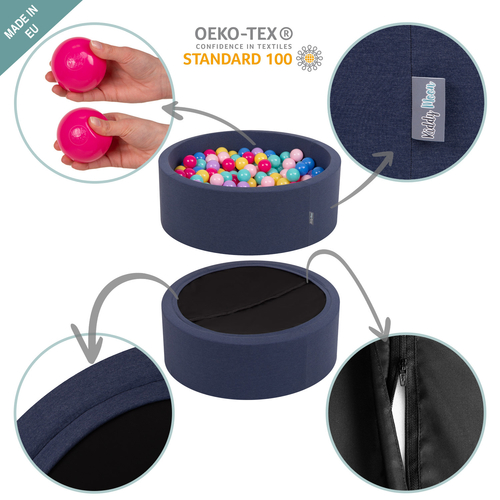 KiddyMoon Piscine à Balles ∅ 7Cm pour Bébé Rond Fabriqué En UE, bleu foncé:blanc/gris/rose poudre, 90x30cm/300 balles