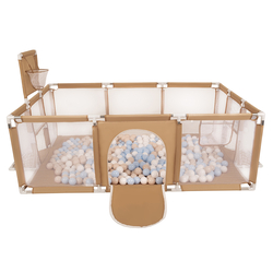 Parc Bébé avec Balles Plastiques Aire De Jeu Pliable Basket Football, beige : beige pastel/bleu pastel/blanc, 100 balles