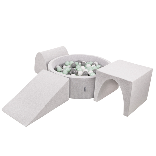 KiddyMoon Aire De Jeux en Mousse avec Rond Piscine à Balles pour Enfants, gris clair: blanc/gris/menthe, Piscine (200 Balles) + Version 2