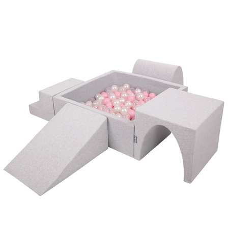 KiddyMoon Aire De Jeux en Mousse avec Carré Piscine À Balles pour Enfants, gris clair: rose poudré/perle/transparent, Piscine (300 Balles) + Version 3