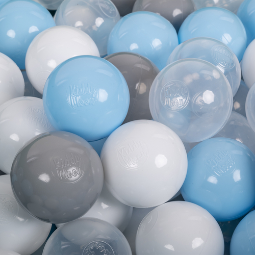 KiddyMoon Balles Colorées Plastique ∅7cm pour Piscine Enfant Bébé Fabriqué en EU, gris/blanc/transparent/babyblue, 300 Balles/7cm