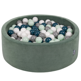 KiddyMoon Velours Piscine à Balles ∅7Cm pour Bébé Rond Fabriqué en EU, vert forêt: turquoise foncé/gris/blanc/menthe, 90x30cm/200 balles