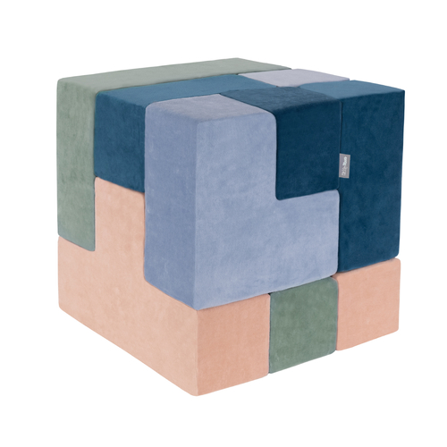 KiddyMoon blocs mous pour bébé cubes de construction en mousse housse velours, bleu lagune/vert forêt/rose de sables/bleu glacier , 9 Pieces