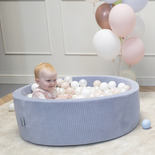 KiddyMoon Piscine À Balles pour Enfants Mousse Côtelé Pour Motricité Bébé, gris foncé : beige pastel/blanc/perle, 90x30cm/100 balles