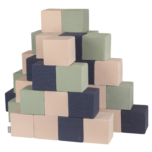 KiddyMoon Blocs Souples Jouets pour Bébé Mousse Squeeze Jouer Jouet Éducatif, cubes: bleu foncé/beige/sage, 48 Pieces