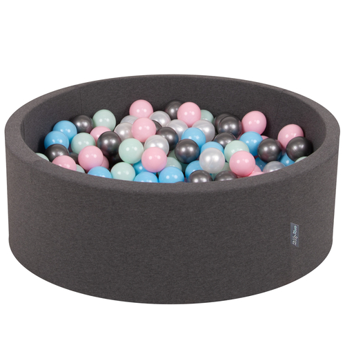 KiddyMoon Piscine à Balles ∅ 7Cm pour Bébé Rond Fabriqué En UE, gris foncé:perle/rose clair/babyblue/menthe/argent, 90x30cm/200 balles