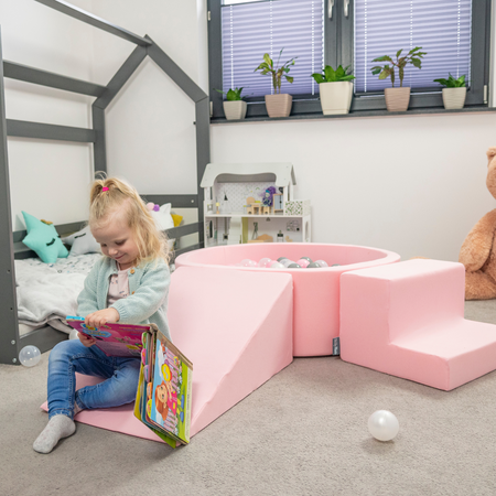 KiddyMoon Aire De Jeux en Mousse avec Rond Piscine à Balles pour Enfants, rose: rose poudré/rose foncé/babyblue/menthe, Piscine (200 Balles) + Version 2