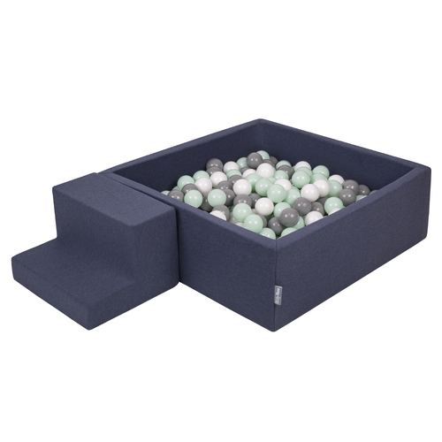 KiddyMoon Aire De Jeux en Mousse avec Carré Piscine À Balles pour Enfants, bleu foncé:blanc/gris/menthe, Piscine (100 Balles) + Marches