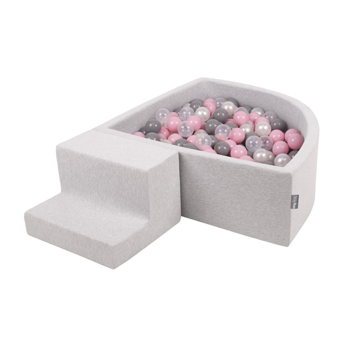KiddyMoon Aire De Jeux en Mousse avec Quart Angulaire Piscine À Balles pour Bébé, gris clair: perle/gris/transparent/rose poudré, Piscine (200 Balles)+ Marches