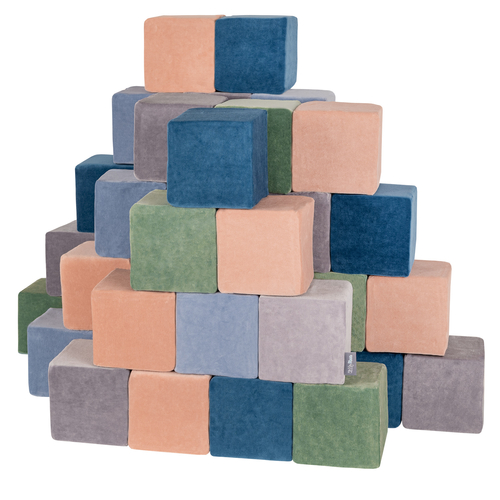 KiddyMoon blocs mous pour bébé cubes de construction en mousse housse velours, cubes: bleu lagune-vert forêt-rose de sables-bleu glacier-gris de montagnes, 48 Pieces