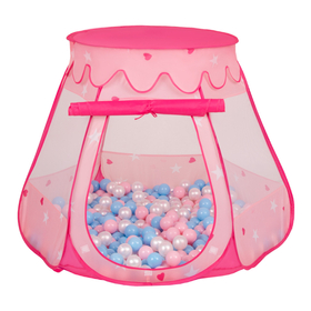 Tente Château Pour Enfants Tente de Jeu Avec Balles Colorées Jouet Cabane Pop-up Château Facile À Monter Maison de Jeu Pour Intérieur et Extérieur, rose: babyblue-rose poudré-perle, 105x90cm/600 balles