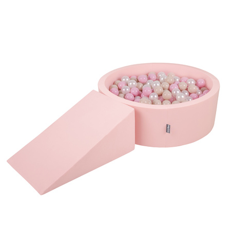 KiddyMoon Aire De Jeux en Mousse avec Rond Piscine à Balles pour Enfants, rose: beige pastel/rose poudré/perle, Piscine (100 Balles)+ Pente
