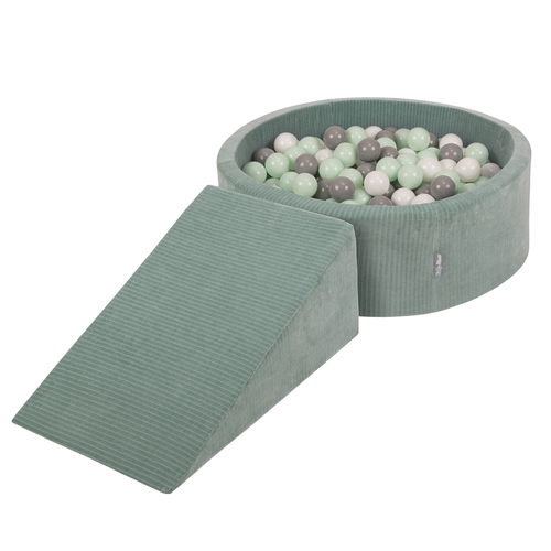 KiddyMoon Parcours Motricité En Mousse Avec Balles Enfants Favorise Créativité, Vert : blanc/gris/menthe, Piscine (100 Balles)+ Pente