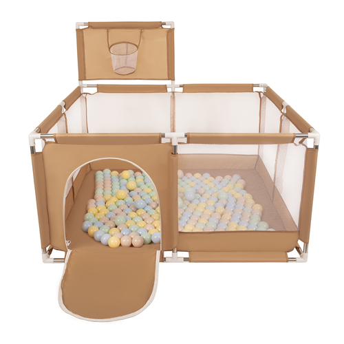 parc bébé avec balles plastiques aire de jeu pliable basket, beige : beige pastel/bleu pastel/jaune pastel/menthe, 100 balles