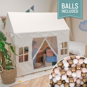 KiddyMoon Tente de Jeu Pour Enfants Maison De Jeu Pliable Tente Enfant Espace Créatif Pour Enfants Coin Douillet Idéal Pour Jouer À L’Intérieur Et À L’Extérieur, naturel: beige pastel/blanc/or, 400 Balles