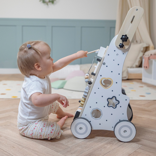 KiddyMoon Trotteur avec un Tableau D'activité, Chariot de Marche pour Bébé, Noir-Blanc, Poignée réglable