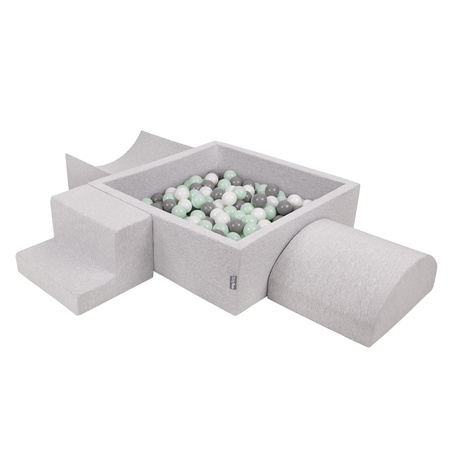 KiddyMoon Aire De Jeux en Mousse avec Carré Piscine À Balles pour Enfants, gris clair: blanc/gris/menthe, Piscine (200 Balles) + Version 6