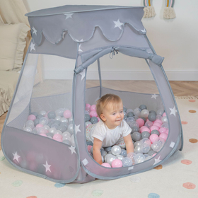 Tente Château Pour Enfants Tente de Jeu Avec Balles Colorées Jouet Cabane Pop-up Château Facile À Monter Maison de Jeu Pour Intérieur et Extérieur, gris: perle-gris-transparent-rose poudré, 105x90cm/200 balles