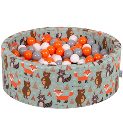 KiddyMoon Piscine à Balles ∅ 7Cm pour Bébé Rond Fabriqué En UE, renard-vert:orange/gris/blanc, 90x30cm/200 balles