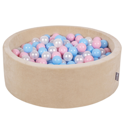 KiddyMoon Velours Piscine à Balles ∅7Cm pour Bébé Rond Fabriqué en EU, beige sableux: babyblue/rose poudré/perle, 90x30cm/200 Balles