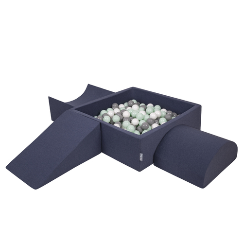 KiddyMoon Aire De Jeux en Mousse avec Carré Piscine À Balles pour Enfants, bleu foncé:blanc/gris/menthe, Piscine (300 Balles) + Version 4